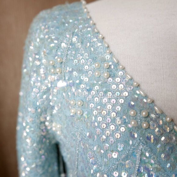 Light Blue Beaded Sequin Cardigan Sweater Top - Picture 5 of 10